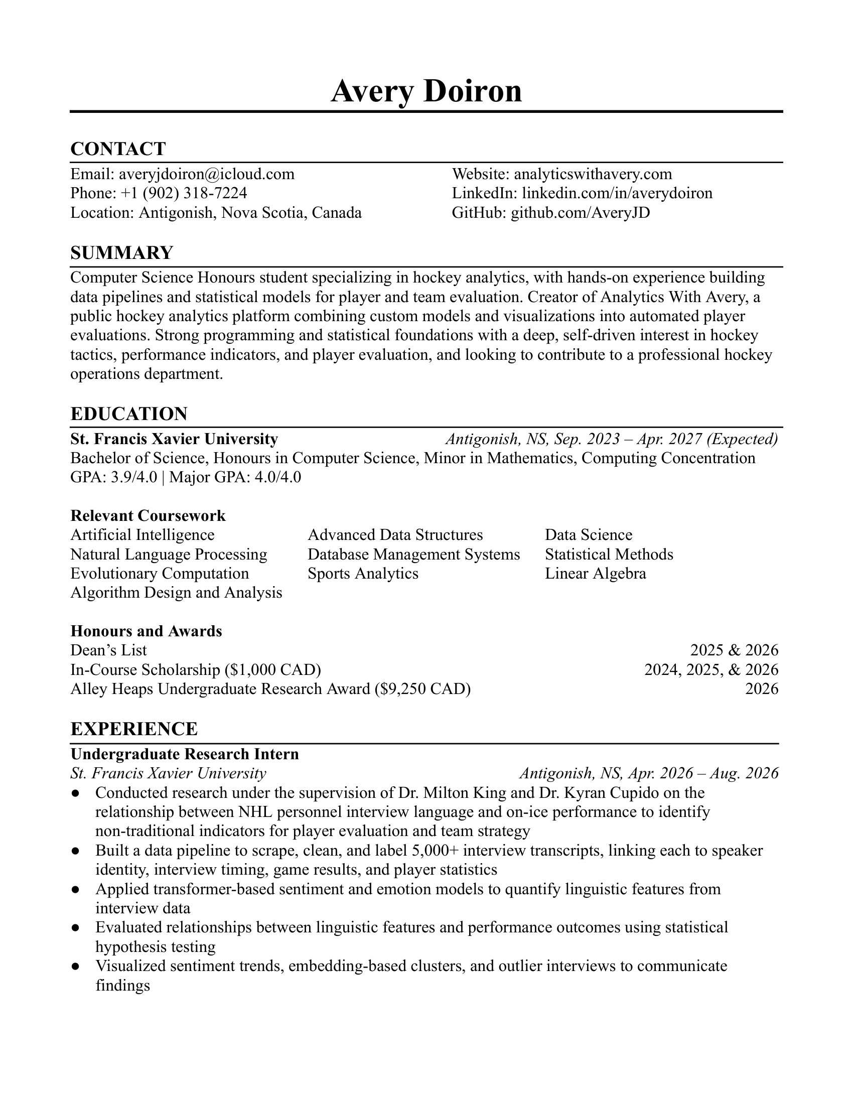 Avery Doiron's CV, page 1