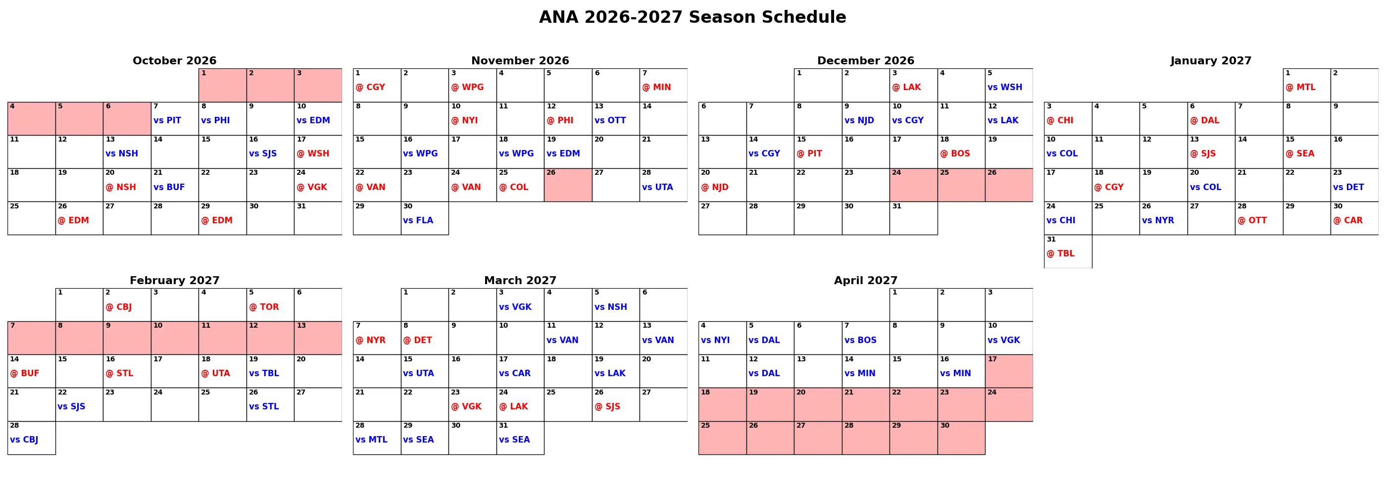 Preview of an NHL schedule generated by the genetic algorithm