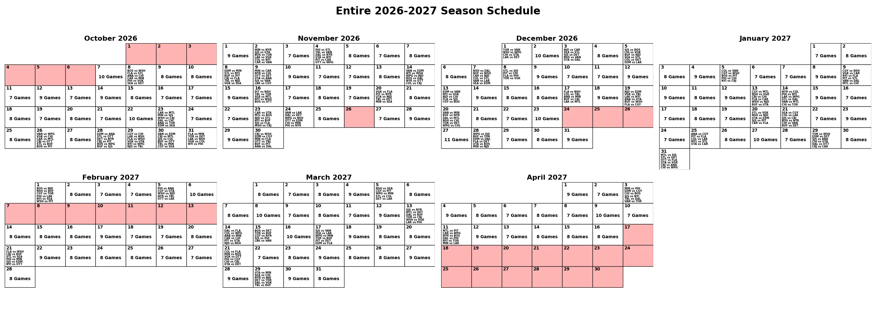 Entire 2026-2027 NHL season schedule generated by the genetic algorithm